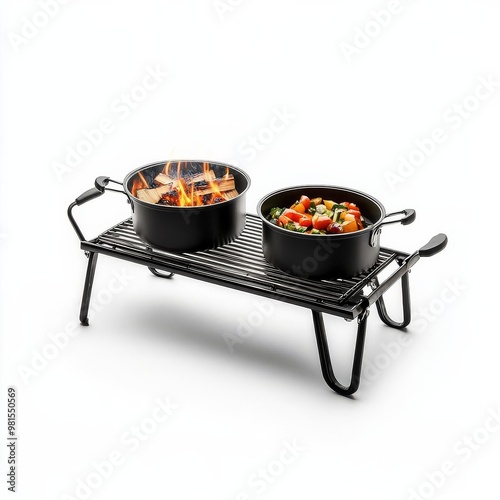 Portable, lightweight campfire grill with cooking pots, food sizzling, hiking trail gear, culinary experience in the wild