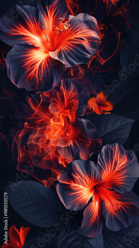 A close up of two orange flowers with a black background