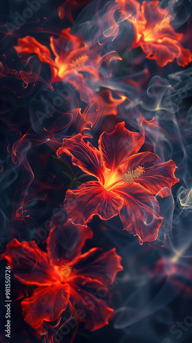A close up of a blazing flower with a blue background.