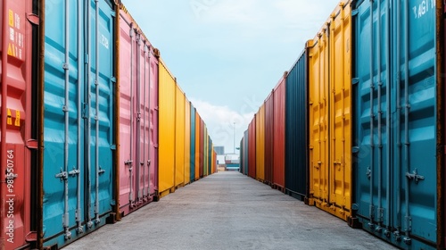 A pathway bordered by colorful shipping containers, featuring blue and yellow hues, stretching into the distance, depicts an interesting urban landscape and industrial design. photo