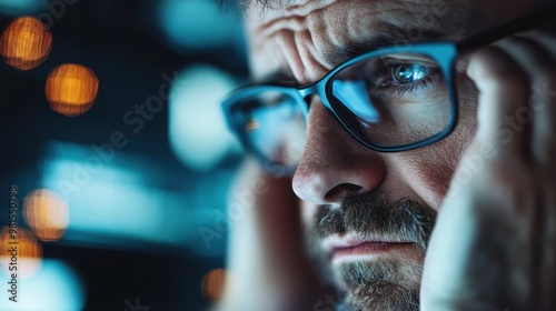 A man wearing glasses intently observes something in front of a computer, illuminated by soft bokeh lights in the background, focusing on some important task or analysis.