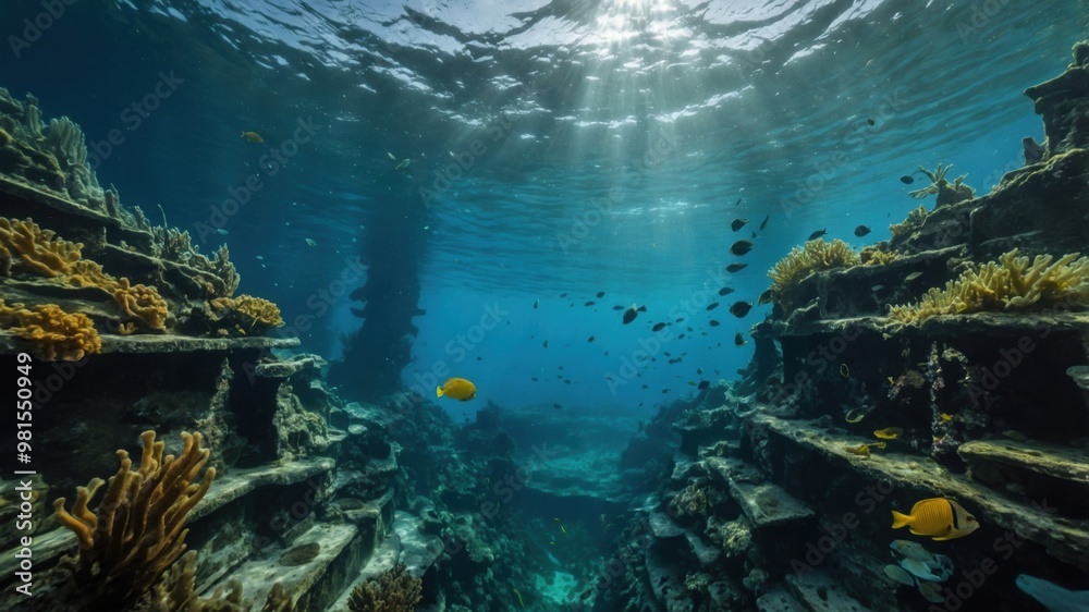 Obraz premium The lost city of Atlantis, now beneath the ocean’s surface, reveals the faded elegance of a once-thriving empire