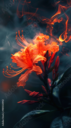 A close up of a blazing flower with a blue background.