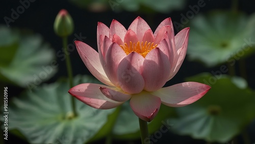 Single pink lotus flower with a bud.