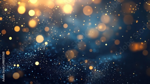 abstract dark blue and gold particle background with glittering bokeh lights and defocused particles