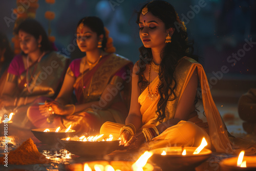 Indian Diwali. Three women in yellow saris are sitting in front of a lighted altar.