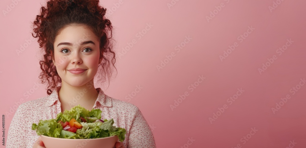 Smiling Girl with Healthy Salad in Pink Background Smiling Girl with Healthy Salad in Pink Background