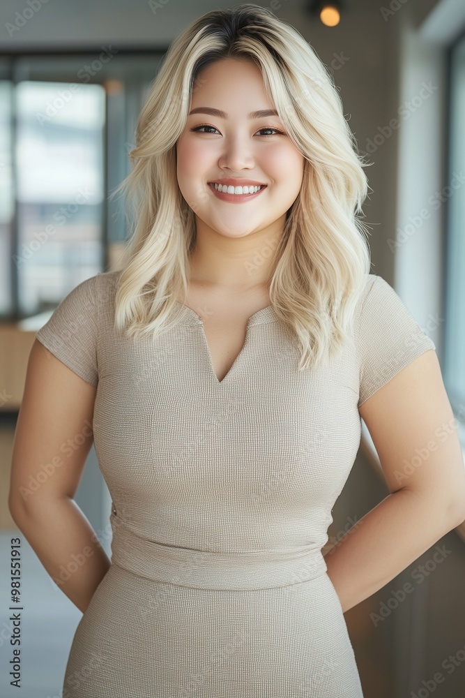 minimalist portrait of a beautiful chunky asian lady with blond hair confident woman smiling minimalist portrait of a beautiful chunky asian lady with blond hair confident woman smiling