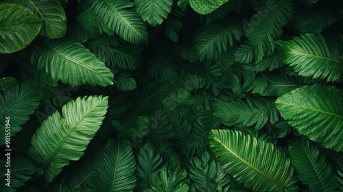 A detailed close-up view showcasing the intricate patterns and vibrant shades of dense tropical green leafy plants, highlighting the beauty and diversity of nature's flora.