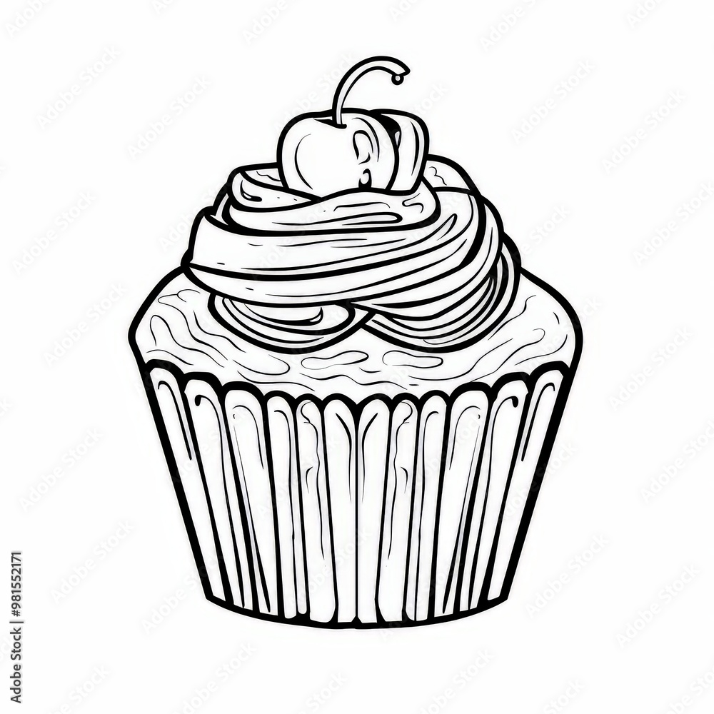 coloring page, cartoon style, black and white, a cupcake, simple shape coloring page, cartoon style, black and white, a cupcake, simple shape