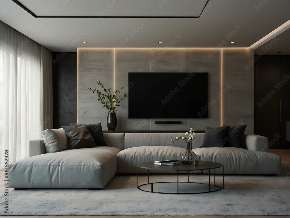 Sleek minimalist media room with a sofa, wall-mounted TV, and minimal decor. Sleek minimalist media room with a sofa, wall-mounted TV, and minimal decor.