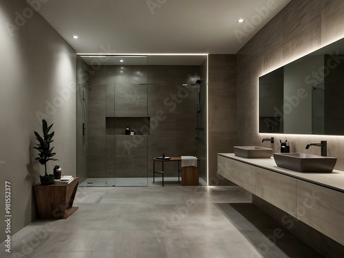 Sleek minimalist bathroom with neutral colors and a reflective mirror.