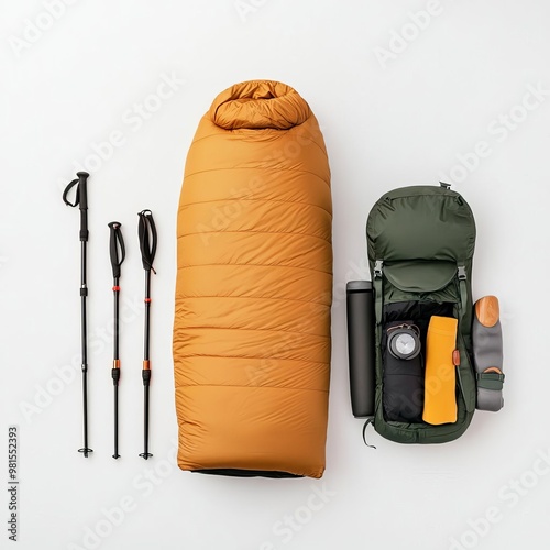 Ultra-lightweight sleeping bag compressed and packed beside a minimal hiking kit, hiking trail gear, compact and efficient packing photo