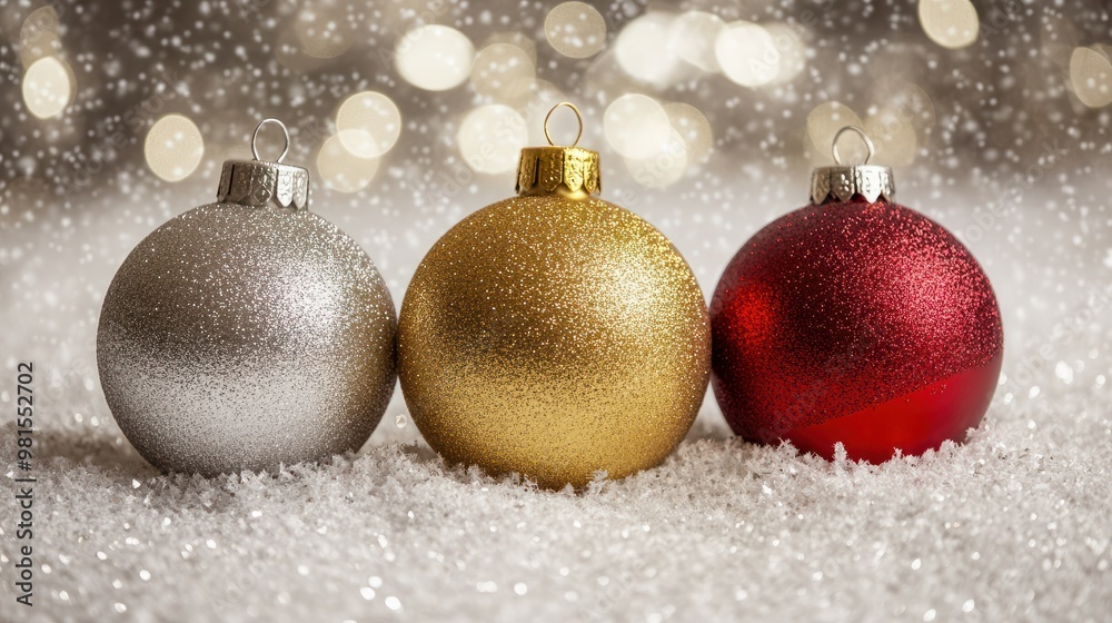 close-up of three shimmering christmas ornaments in gold red and silver resting on a glittering snow-like surface bright focused lighting enhances their glossy finish and in close-up of three shimmering christmas ornaments in gold red and silver resting on a glittering snow-like surface bright focused lighting enhances their glossy finish and in