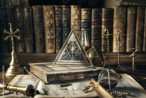 A bookcase with a masonic pyramid on top of it