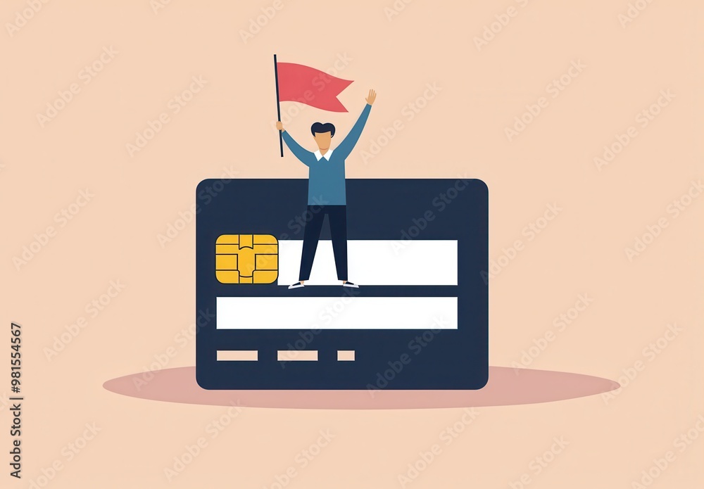 A cartoonish figure waves a flag while standing atop a credit card, symbolizing financial awareness or credit card usage.
