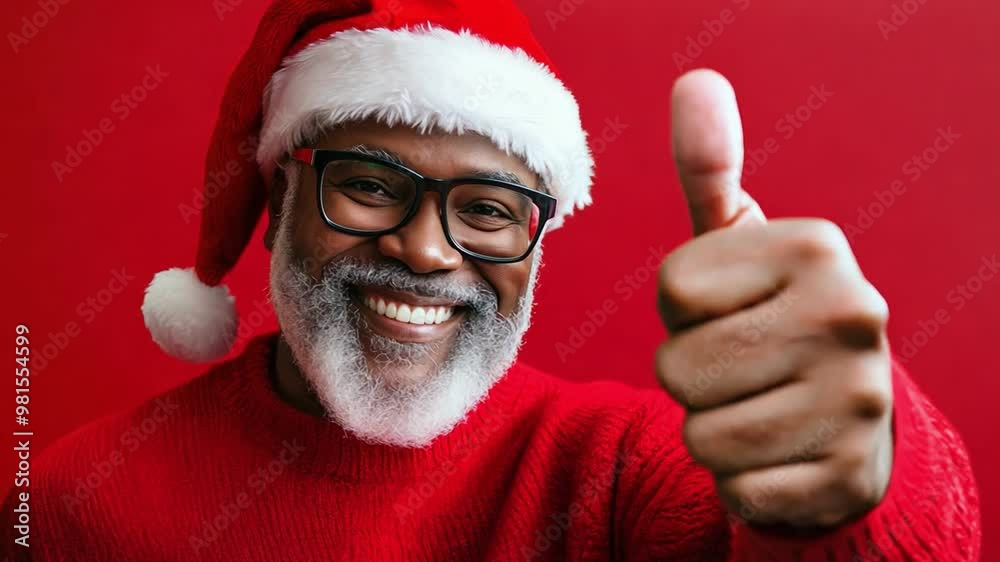 A joyful black man wearing a Santa hat and red sweater expresses excitement with a thumbs up, embracing the festive holiday atmosphere