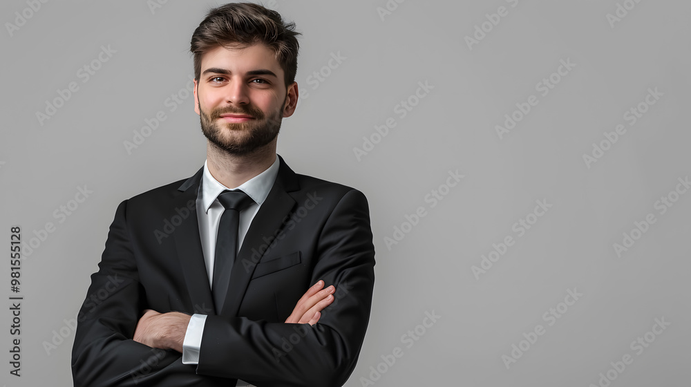 Smiling young business man in classic black suit shirt tie posing isolated on grey background. Achievement career wealth business concept. Mock-up copy space. Holding hands crossed