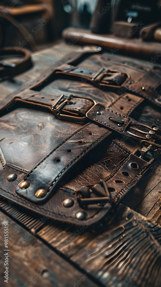 Close-up of a Well-Crafted Leather Harness with Metal Buckles in a Workshop Setting Close-up of a Well-Crafted Leather Harness with Metal Buckles in a Workshop Setting