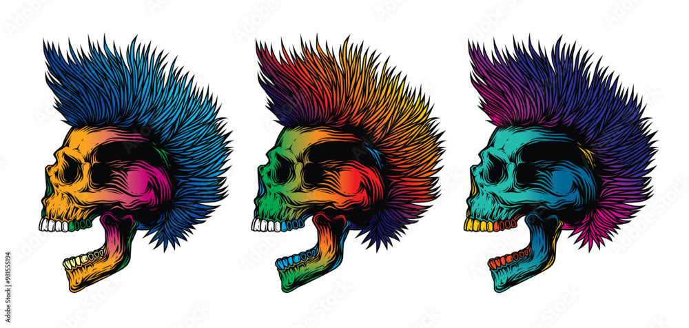 A skull with an open mouth and a punk rock hairstyle. T-shirt design, stickers, print. A skull with an open mouth and a punk rock hairstyle. T-shirt design, stickers, print.