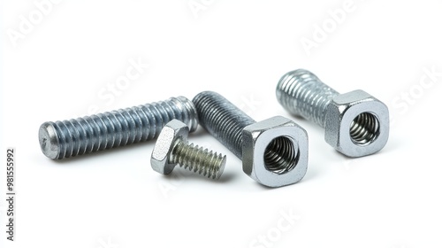 A close-up shot of metal screws, a bolt, and nuts against a white background.