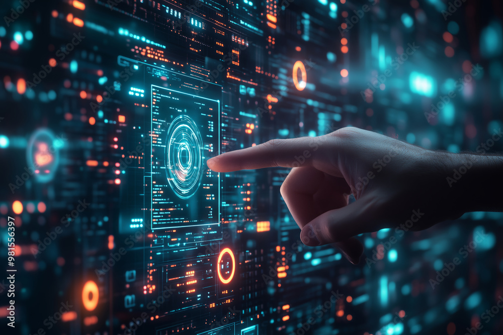 A businessman engages with a futuristic digital interface in an innovative workspace filled with vibrant holographic displays A businessman engages with a futuristic digital interface in an innovative workspace filled with vibrant holographic displays