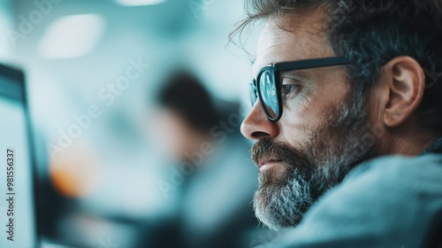 A man is working diligently at his computer in an office, showcasing a professional and focused environment. The detailed depth highlights the work intensity. photo