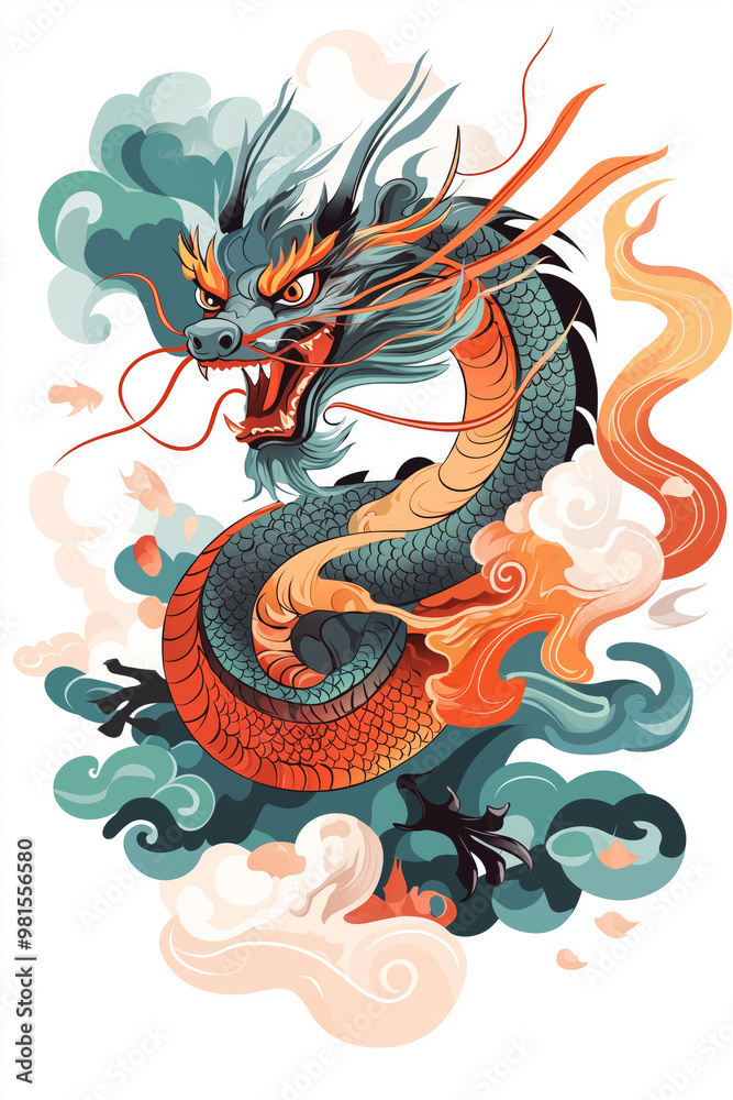 A vibrant Chinese dragon coiling through colorful clouds with a fierce gaze, evoking ancient myths and joyful celebrations A vibrant Chinese dragon coiling through colorful clouds with a fierce gaze, evoking ancient myths and joyful celebrations