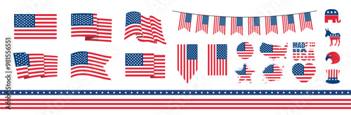 Flag USA set isolated icon. Symbols of the USA. American holidays. Patriotic logo or stamp.