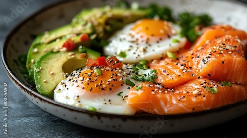 A delicious breakfast meal with fresh salmon slices, avocado, eggs, and herbs, designed to provide a balanced and nutritious start to the day for health-conscious individuals. photo