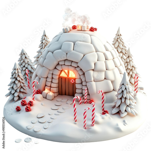 Festive Winter Igloo with Candy Canes and Snowy Trees photo