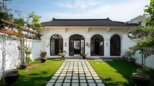 Modern courtyard house with white walls and lush green garden photo