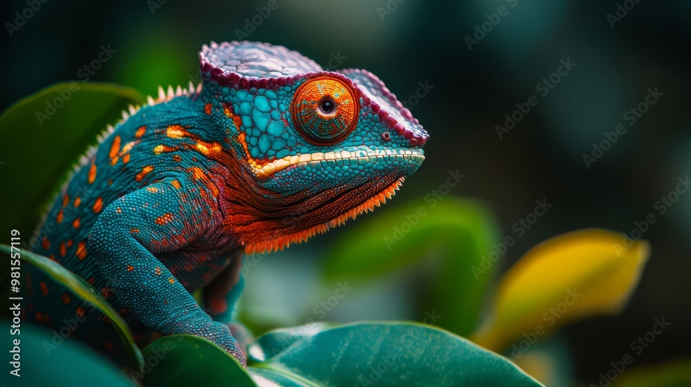 A vibrant chameleon rests on lush green leaves, showcasing its colorful skin patterns in a tropical forest setting during daylight A vibrant chameleon rests on lush green leaves, showcasing its colorful skin patterns in a tropical forest setting during daylight