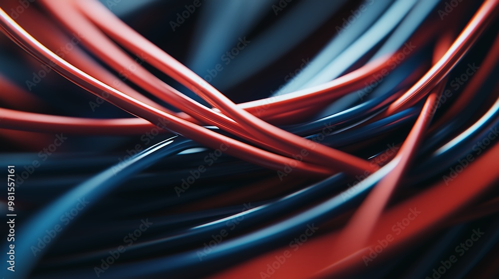 Close-up of intertwined red and blue electrical cables, abstract view Close-up of intertwined red and blue electrical cables, abstract view