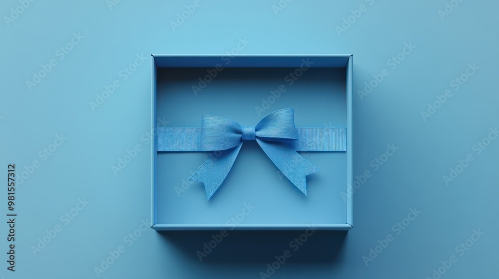 Blank open blue gift box with blue bottom inside or top view of opened blue present box with blue ribbon and bow isolated on blue background with shadow minimal concept 3D rendering Blank open blue gift box with blue bottom inside or top view of opened blue present box with blue ribbon and bow isolated on blue background with shadow minimal concept 3D rendering