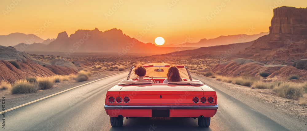 Two women friends driving a convertible car over desert highway, sunset over hills in distance. Generative AI
