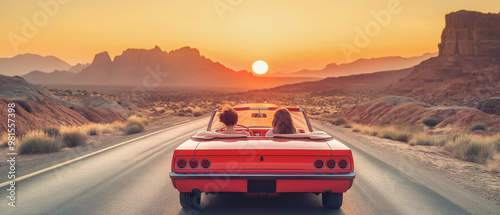 Obraz na płótnie Two women friends driving a convertible car over desert highway, sunset over hills in distance. Generative AI w salonie
