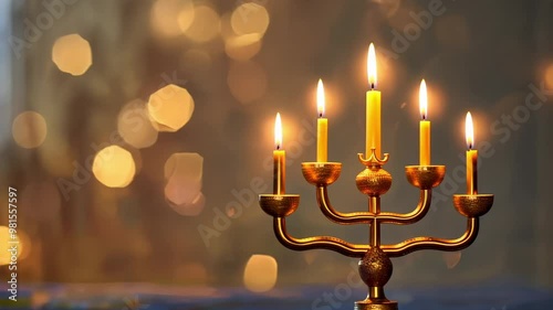 Glowing hanukkah menorah with lit candles against shimmering bokeh background. ideal for festive jewish holiday designs and seasonal greetings. Static shot photo