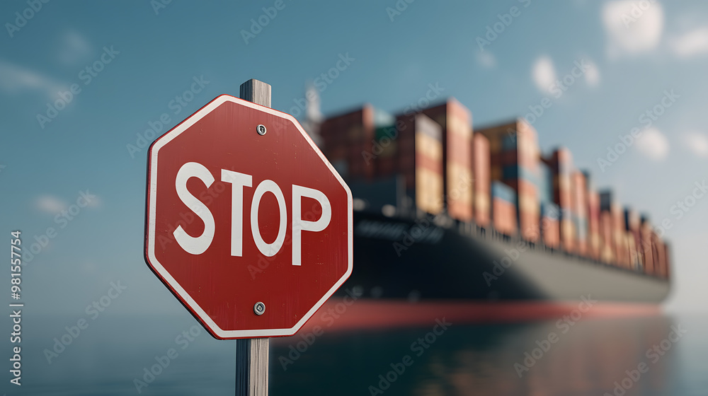 Obraz premium Cargo Ship in Background with Stop Sign in Foreground | Maritime Shipping and Transportation Caution