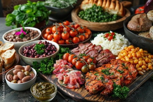 Delicious variety of grilled meats, fresh vegetables, and flavorful garnishes displayed on a wooden table at a festive gathering in autumn