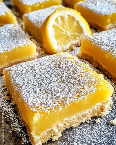 Close-up of lemon bars topped with powdered sugar, dessert tray photo