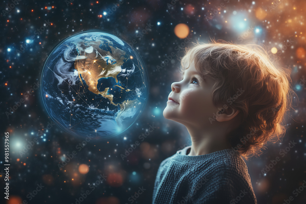 A curious little boy gazes up at a glowing Earth, surrounded by a starry cosmic backdrop A curious little boy gazes up at a glowing Earth, surrounded by a starry cosmic backdrop