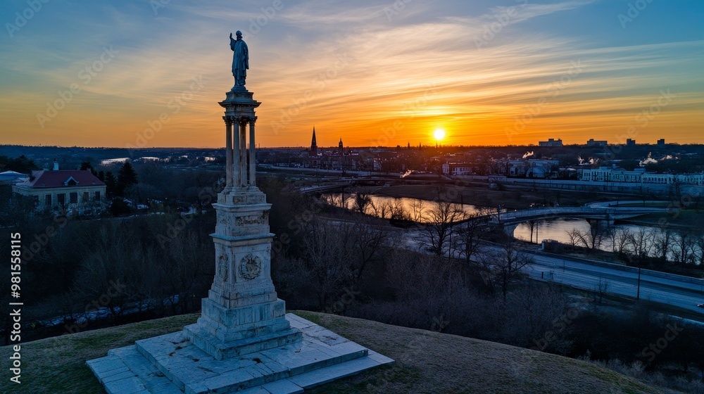 Φωτογραφία Aerial View of a Statue at Sunset, Golden Hour, Urban Landscape, Downtown, Skyli