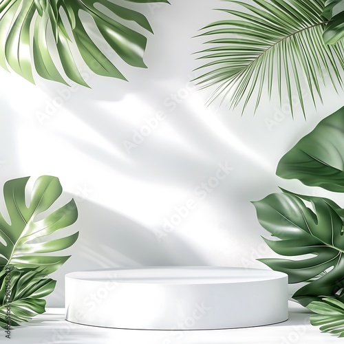 White circular platform surrounded by tropical green palm leaves photo