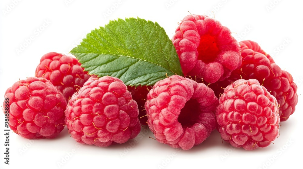 Close-up of Ripe Raspberries with Leaf, White Background, Still Life, Fruit, Food Photography, Raspberry, Berry Close-up of Ripe Raspberries with Leaf, White Background, Still Life, Fruit, Food Photography, Raspberry, Berry