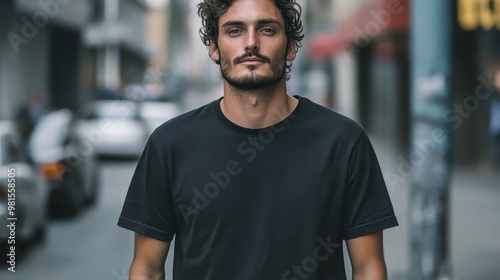 A contemplative man walks calmly through an urban street wearing a black t-shirt, symbolizing introspection, solitude, and the rhythm of city life and discovery.