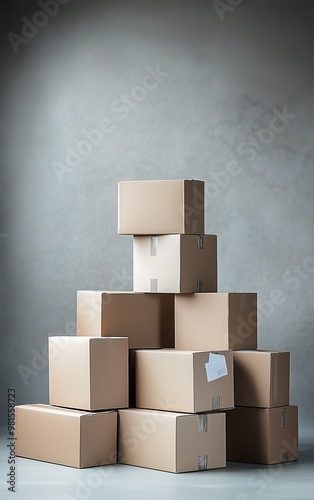 Stack of cardboard boxes in front of gray textured wall photo