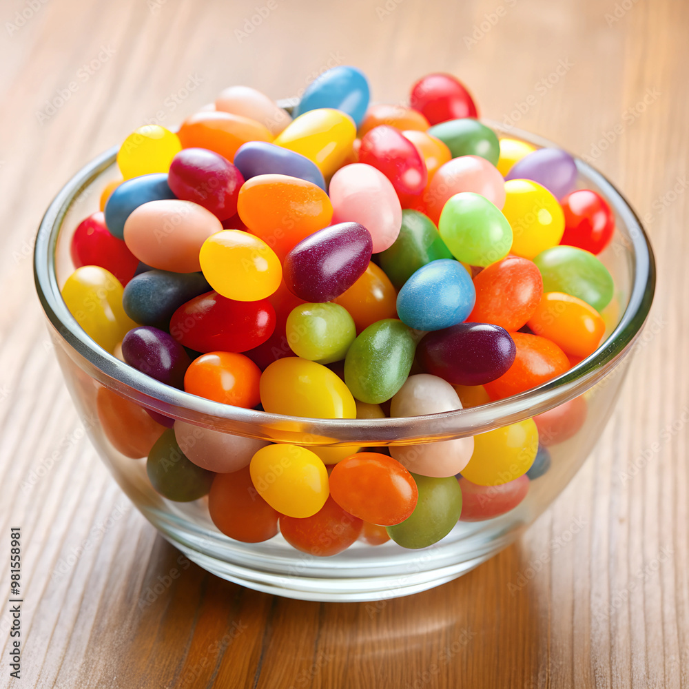 Colorful jelly beans in a glass bowl, vibrant assortment, sweet treats, with copy space Colorful jelly beans in a glass bowl, vibrant assortment, sweet treats, with copy space