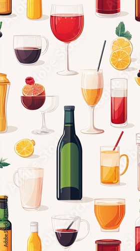 A seamless pattern of various alcoholic drinks and ingredients, including wine, beer, cocktails, and citrus fruits, on a white background.