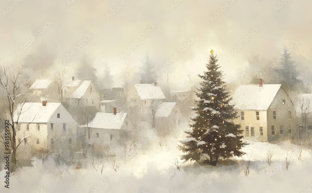 Naklejka premium Christmas Tree in a Misty Winter Village: Snow-Capped Homes and a Serene, Festive Morning